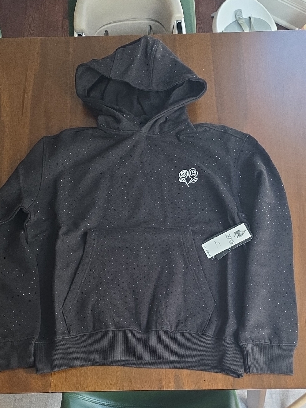 Men's Rhinestone Black Hoodie with Embroidered Rose Logo